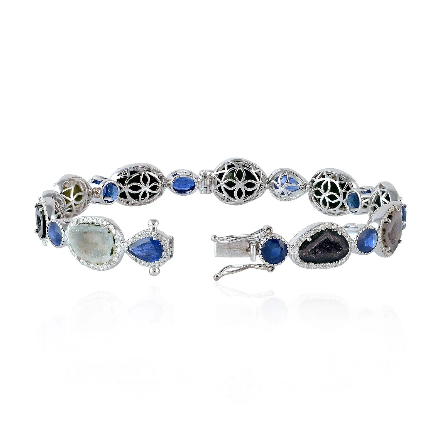 Blue Sapphire Uneven Geode Pave Diamond In 18k White Gold Elegant Wedding Bangle