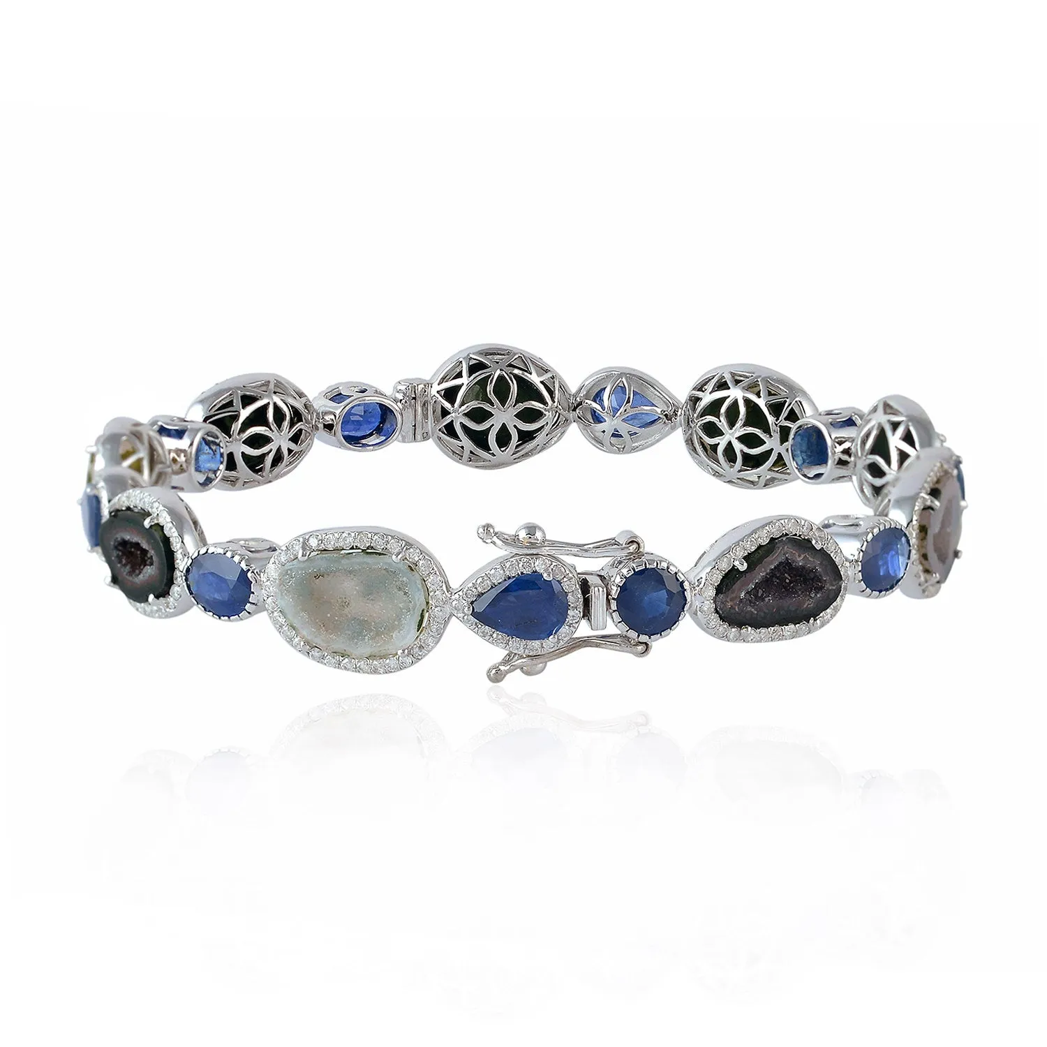 Blue Sapphire Uneven Geode Pave Diamond In 18k White Gold Elegant Wedding Bangle