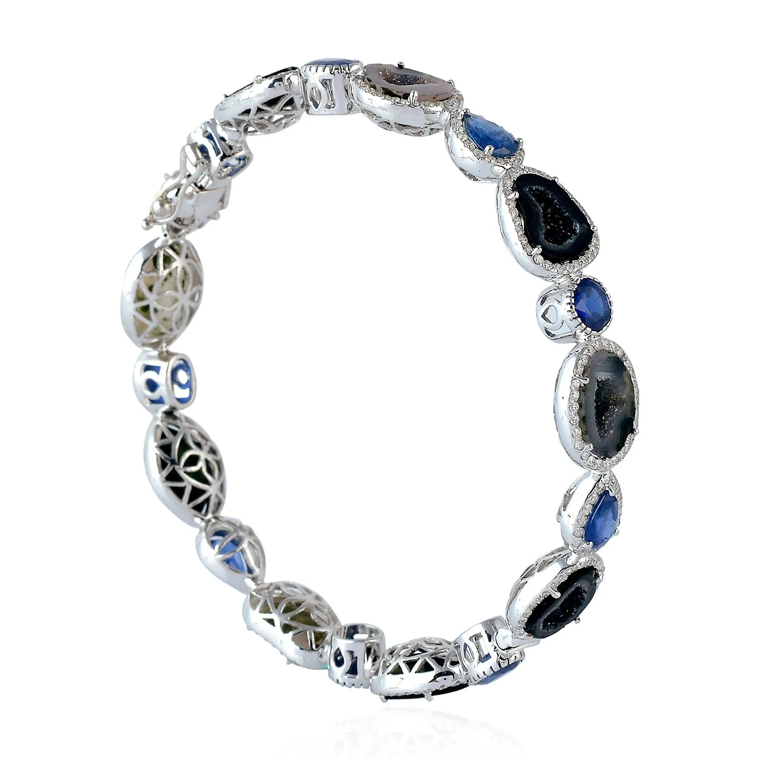 Blue Sapphire Uneven Geode Pave Diamond In 18k White Gold Elegant Wedding Bangle