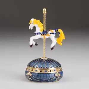Blue Wind up Carousel with Royal White Horse
