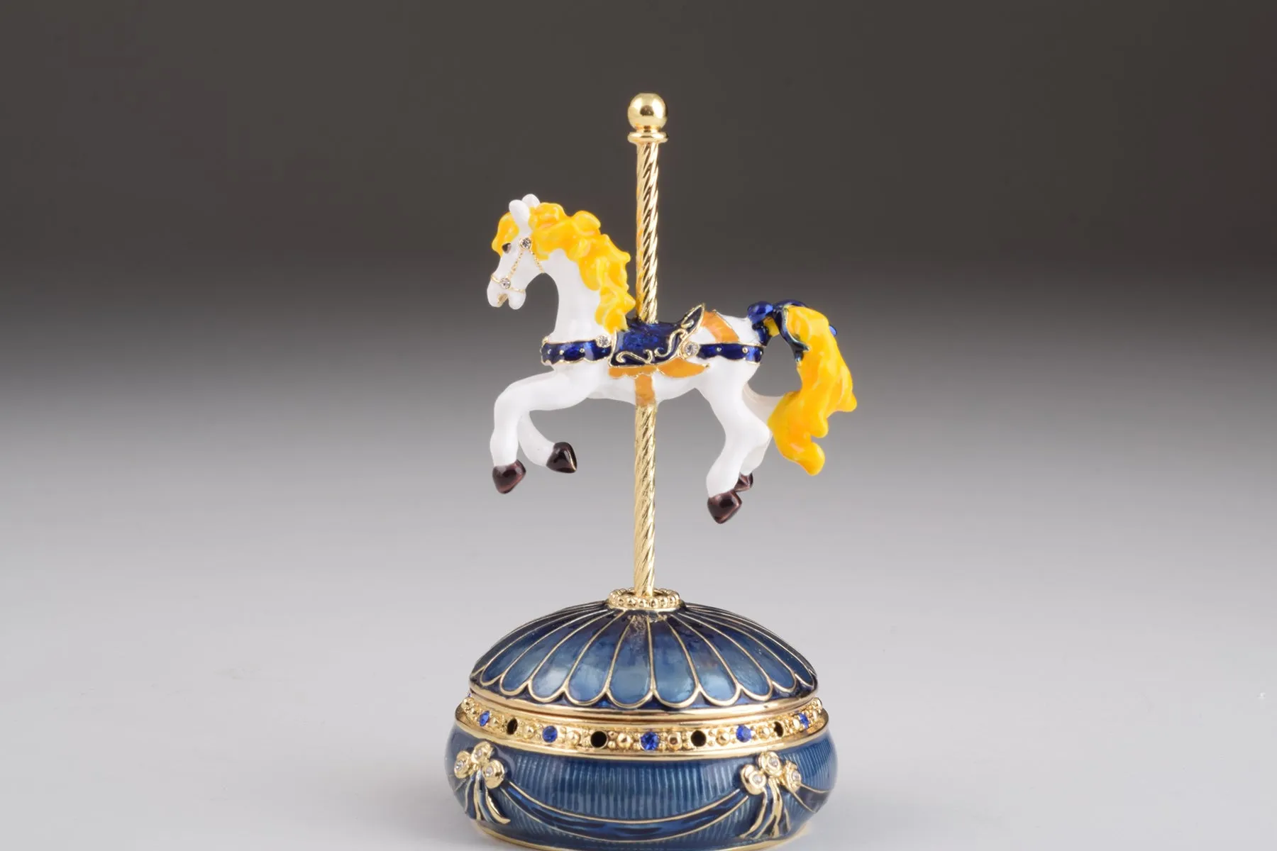 Blue Wind up Carousel with Royal White Horse