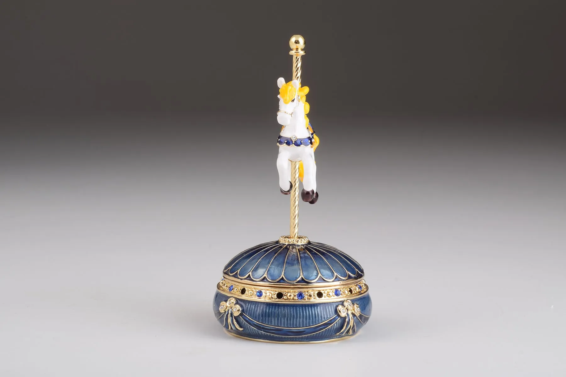 Blue Wind up Carousel with Royal White Horse