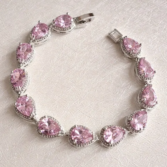 Blush Pink Bridal Bracelet, Pink Teardrop CZ Crystal Wedding Bracelet, Cubic Zirconia Tennis Bracelet, Bridesmaid Bracelet, Blush Wedding