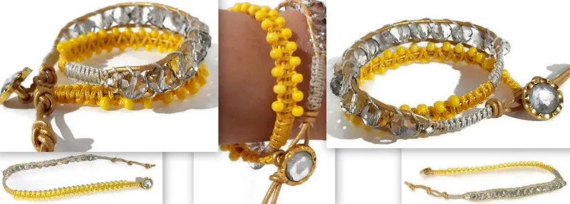 Boho chic, beaded leather wrap macrame bracelet, The yellow daisies bracelet