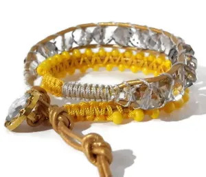 Boho chic, beaded leather wrap macrame bracelet, The yellow daisies bracelet
