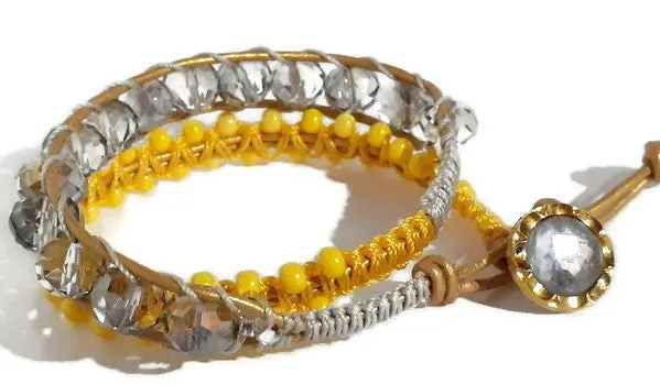 Boho chic, beaded leather wrap macrame bracelet, The yellow daisies bracelet