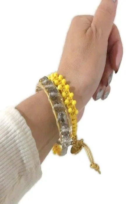 Boho chic, beaded leather wrap macrame bracelet, The yellow daisies bracelet