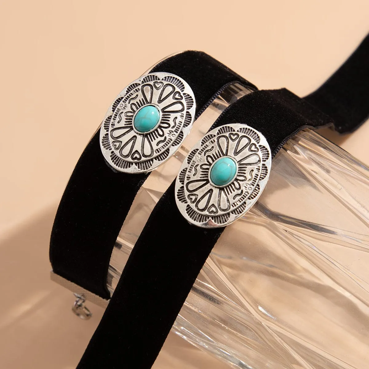 Boho Turquoise Inlaid Carved Disk Velvet Bracelet Necklace Set
