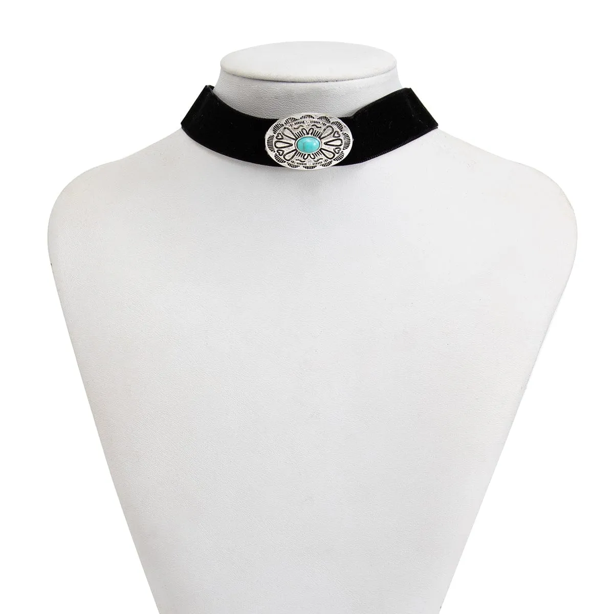 Boho Turquoise Inlaid Carved Disk Velvet Bracelet Necklace Set