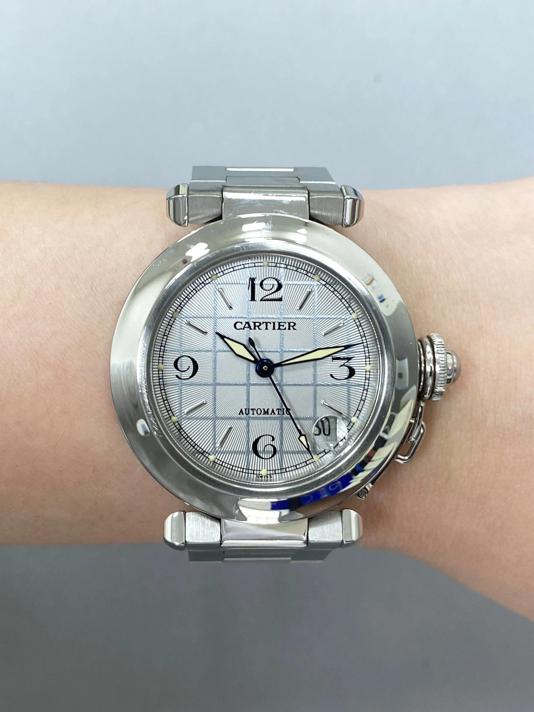 Cartier Pasha W31023M7 Silver Dial Steel Watch Box Papers