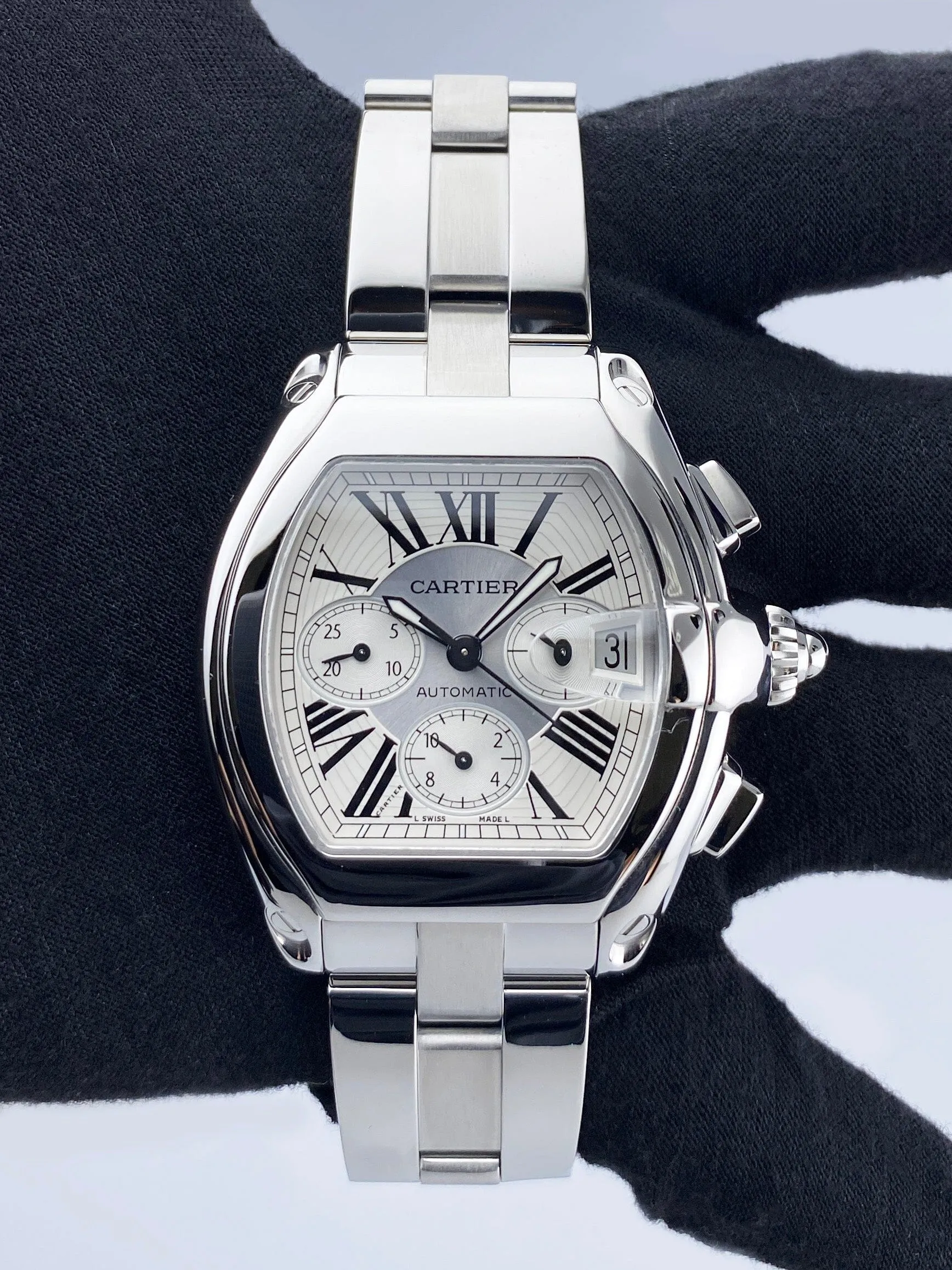 Cartier Roadster W62019X6 Silver Dial Mens Watch Box Papers
