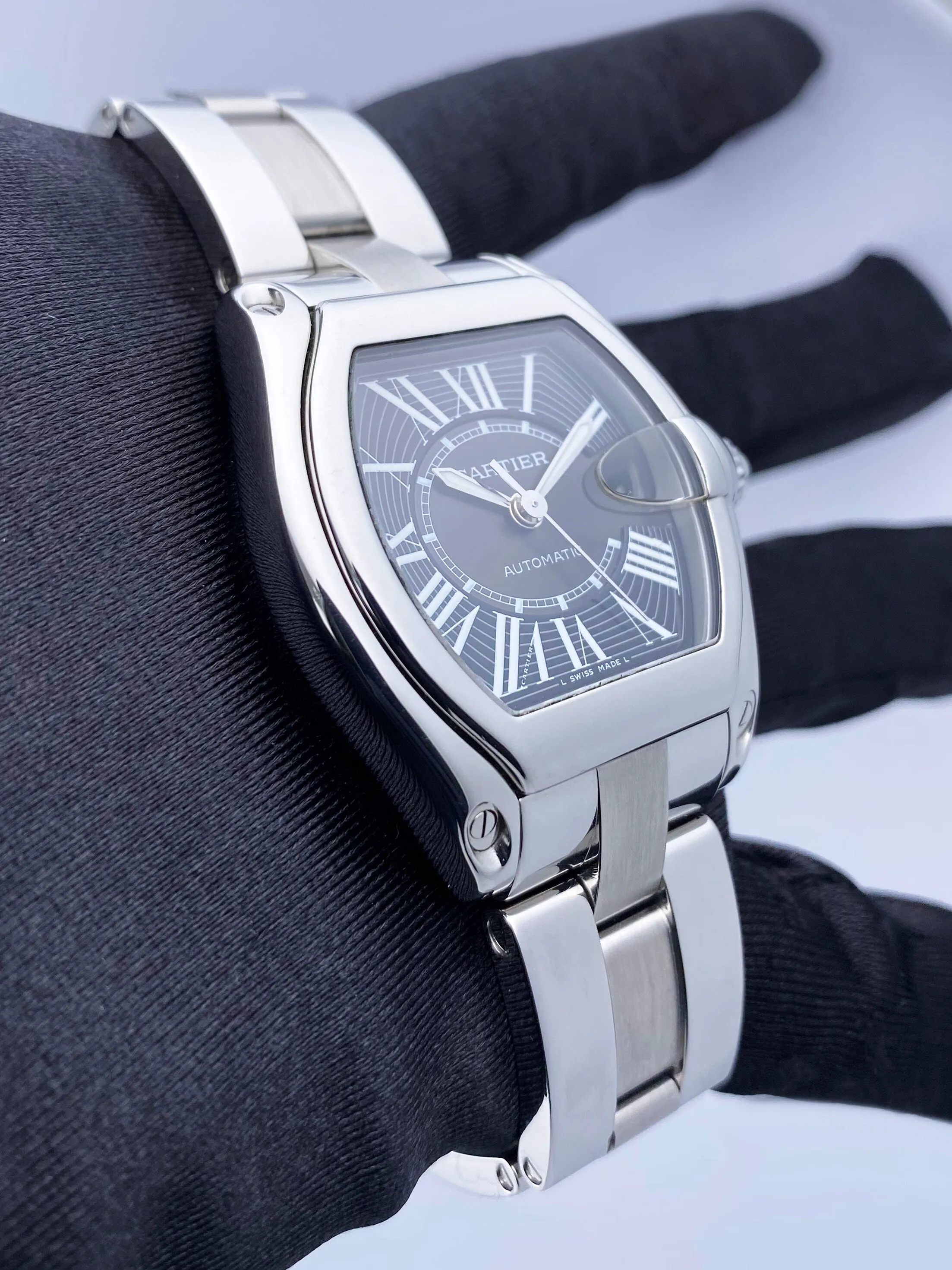 Cartier Roadster W62041V3 Black Dial Steel Mens Watch Box Papers