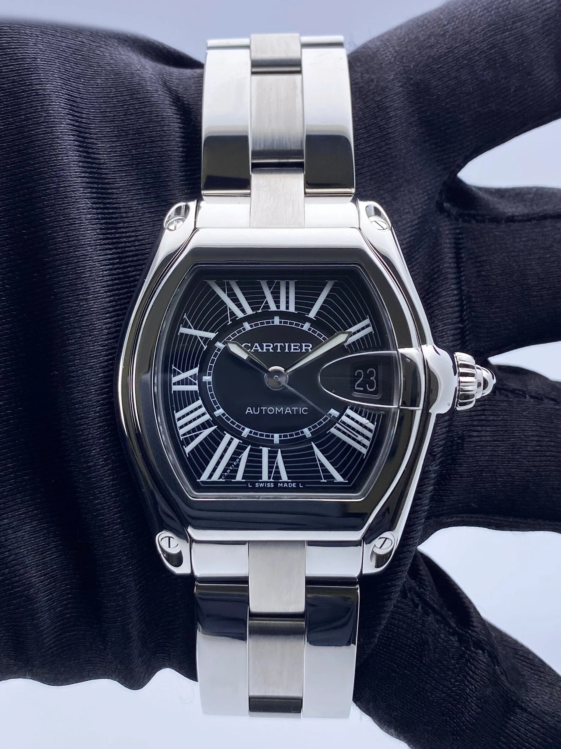 Cartier Roadster W62041V3 Black Dial Steel Mens Watch Box Papers