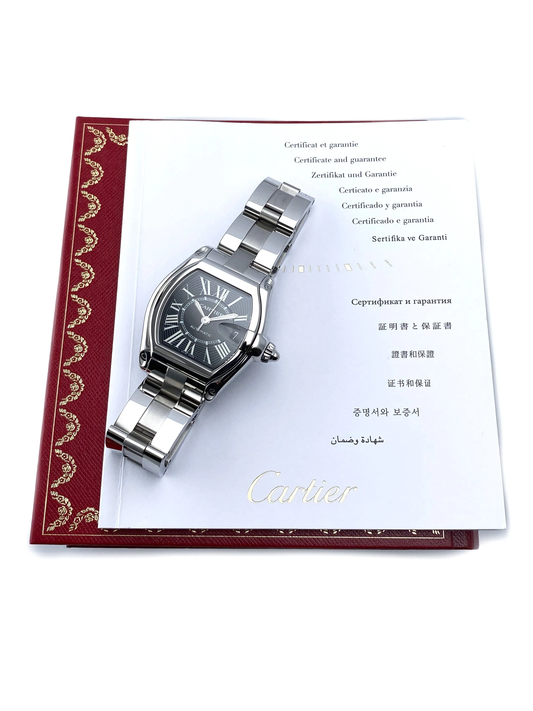 Cartier Roadster W62041V3 Black Dial Steel Mens Watch Box Papers