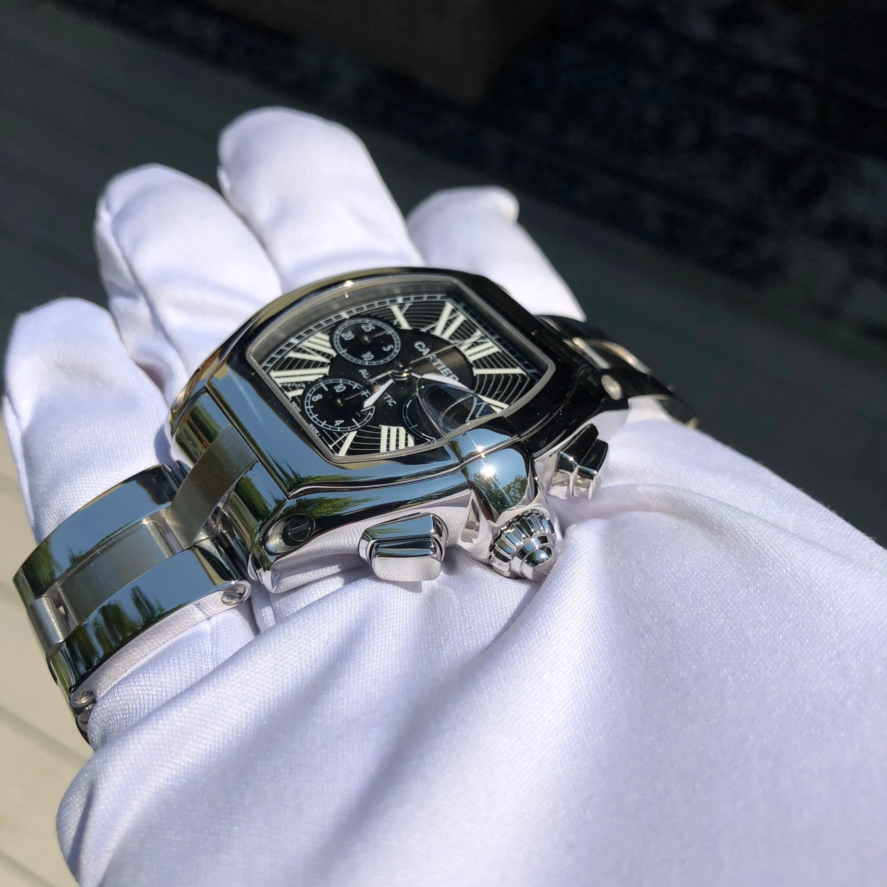 Cartier Roadster XL 2618 Chronograph Black Steel Automatic Wristwatch Box Papers