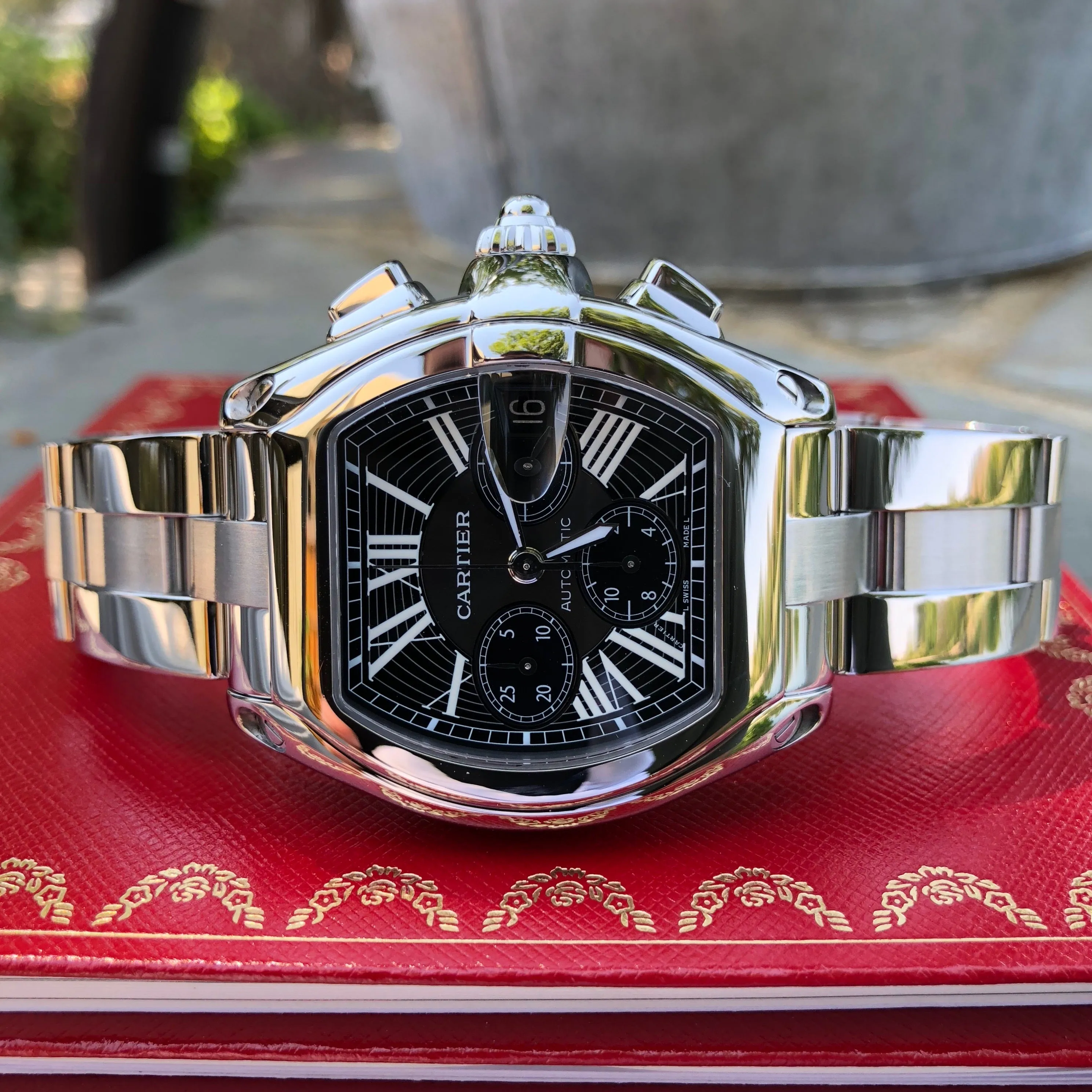 Cartier Roadster XL 2618 Chronograph Black Steel Automatic Wristwatch Box Papers
