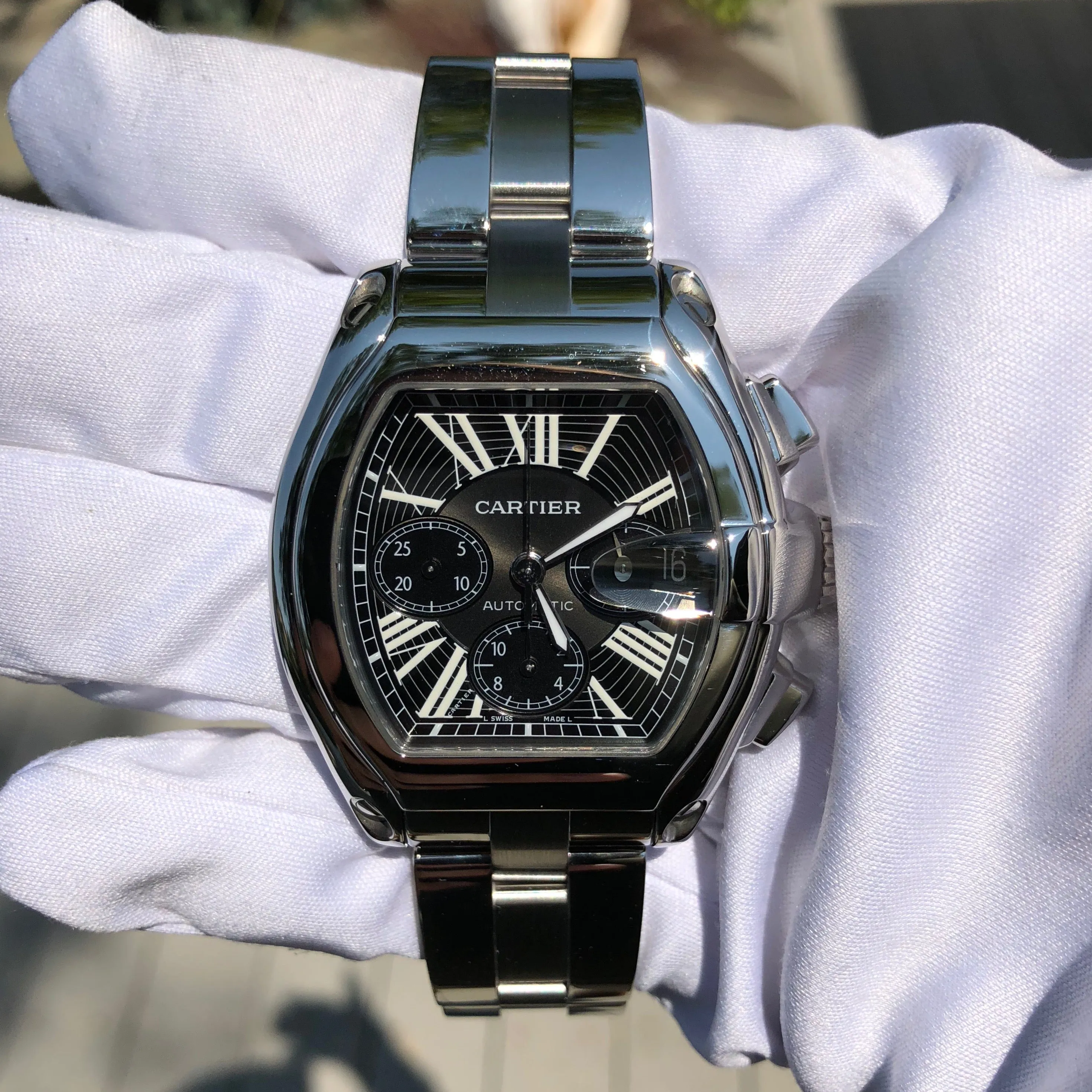 Cartier Roadster XL 2618 Chronograph Black Steel Automatic Wristwatch Box Papers