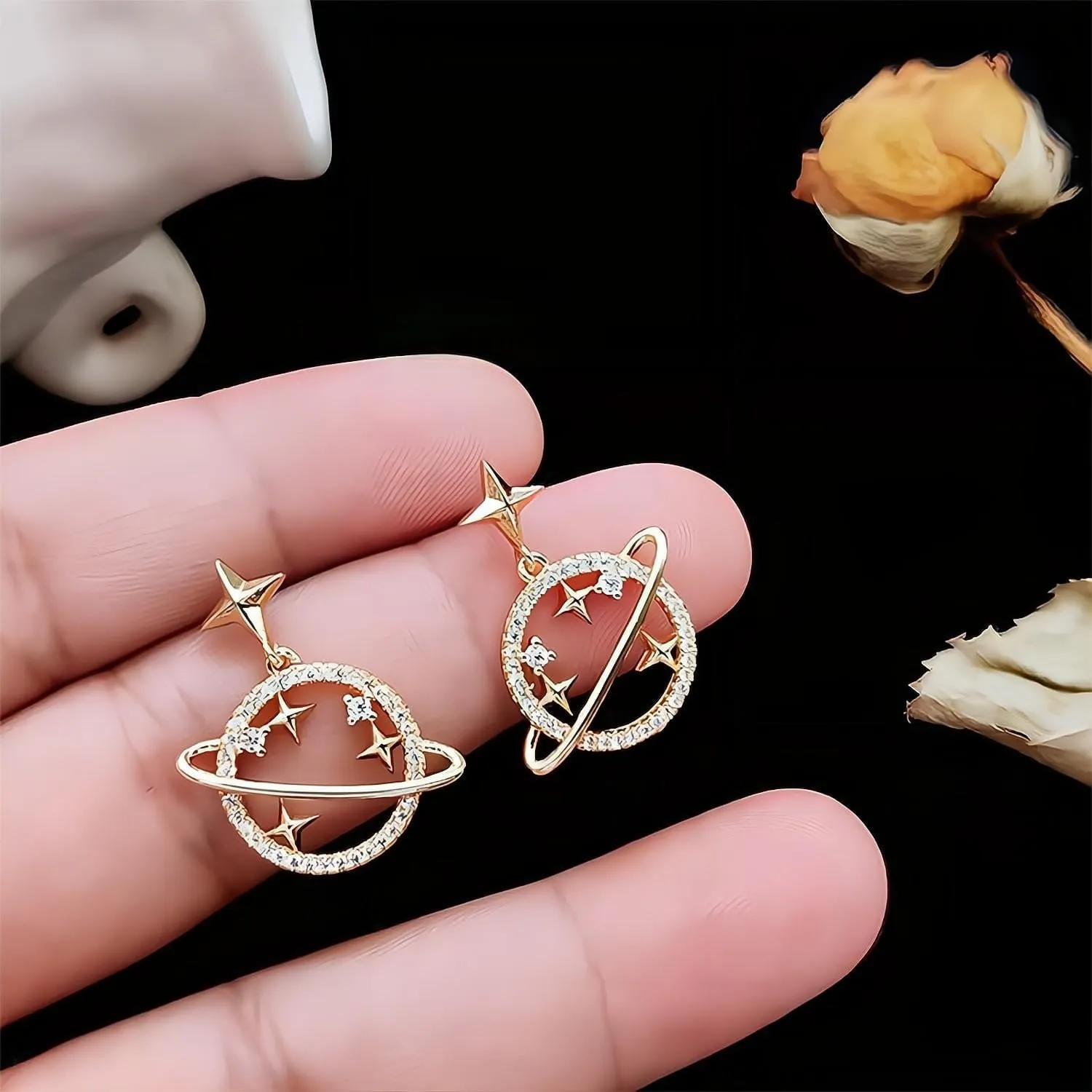Celestial Crystal Saturn Gold Earrings