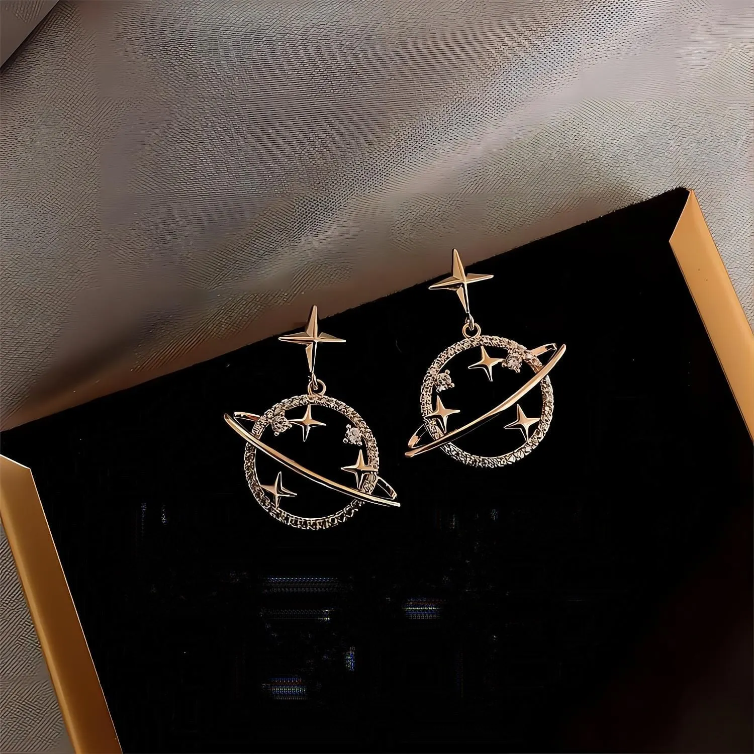 Celestial Crystal Saturn Gold Earrings