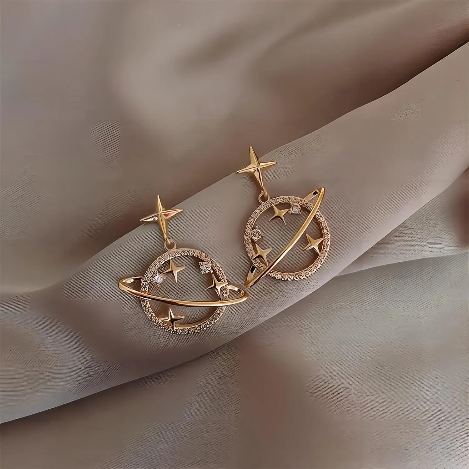 Celestial Crystal Saturn Gold Earrings