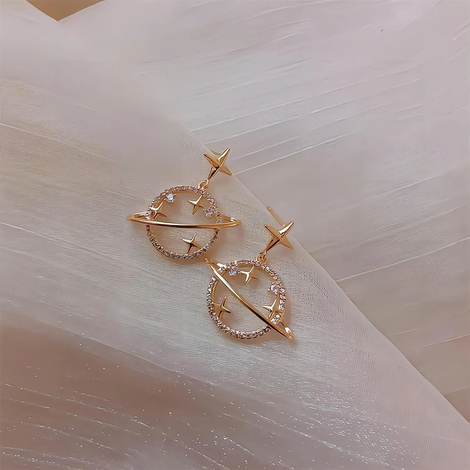 Celestial Crystal Saturn Gold Earrings