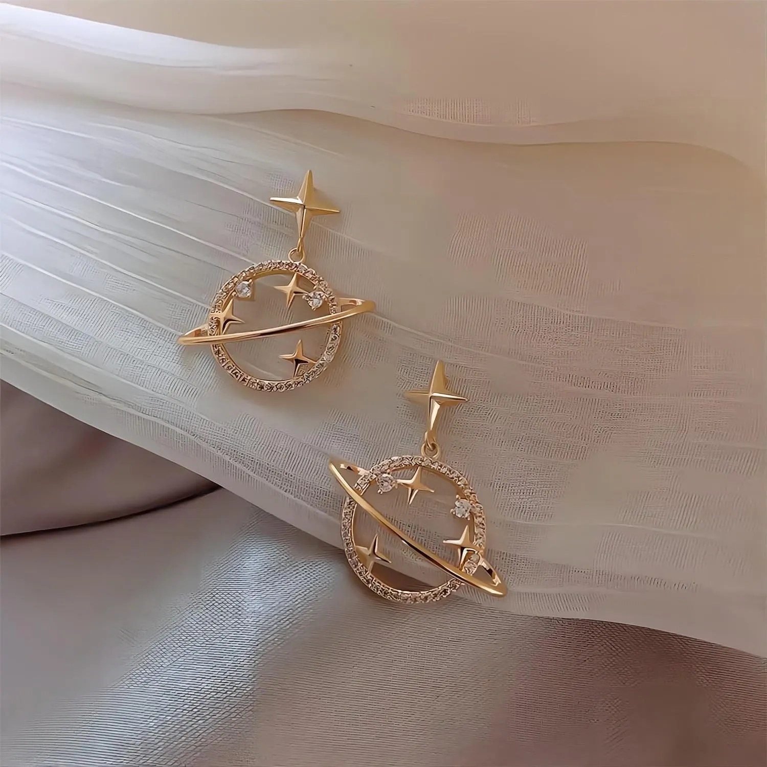 Celestial Crystal Saturn Gold Earrings