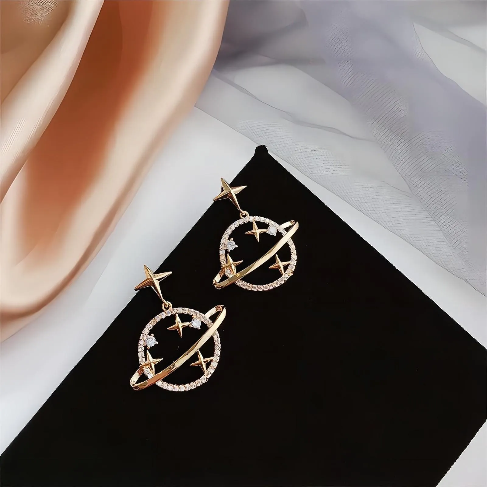 Celestial Crystal Saturn Gold Earrings