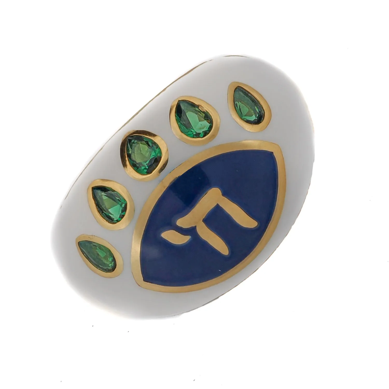 Chai Symbol & Emerald Eye Blue Enamel Adjustable Ring