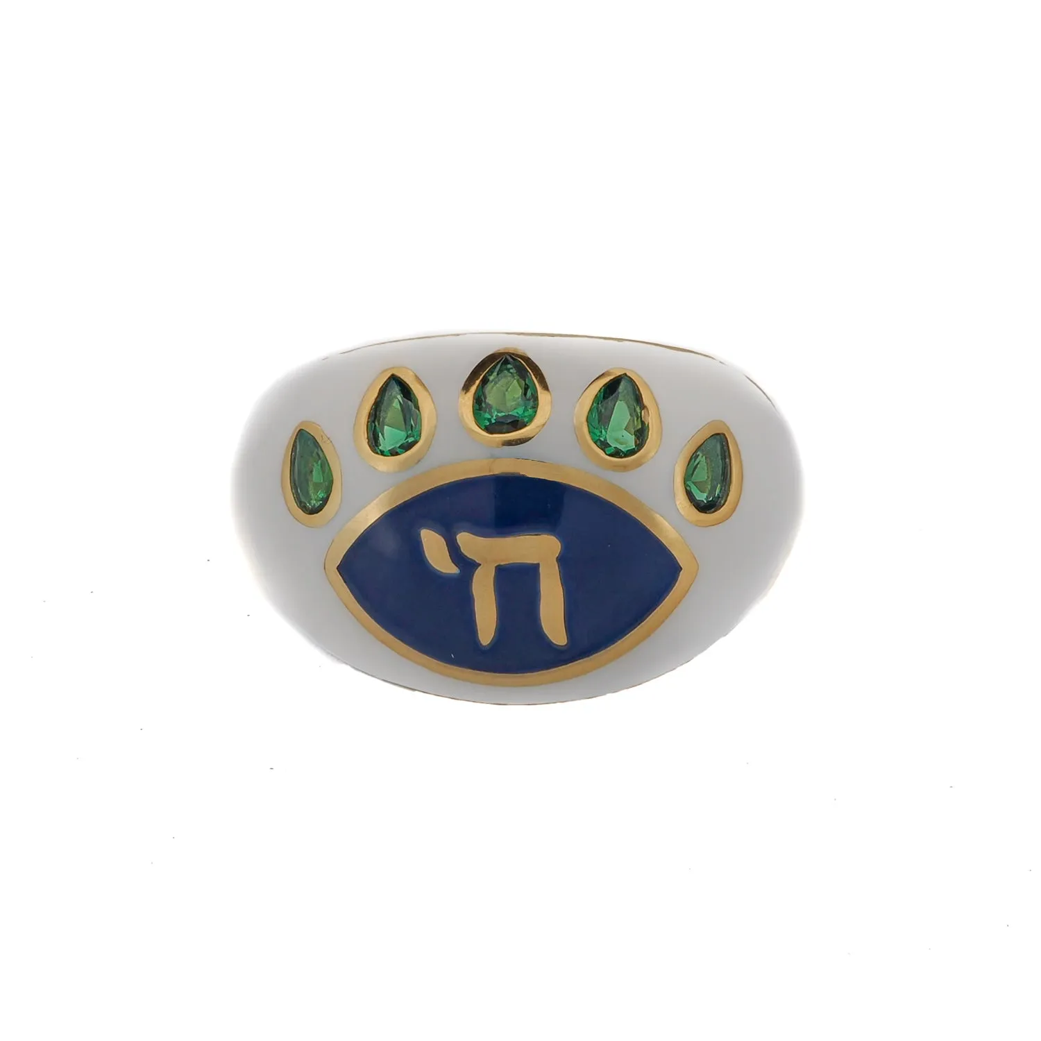 Chai Symbol & Emerald Eye Blue Enamel Adjustable Ring