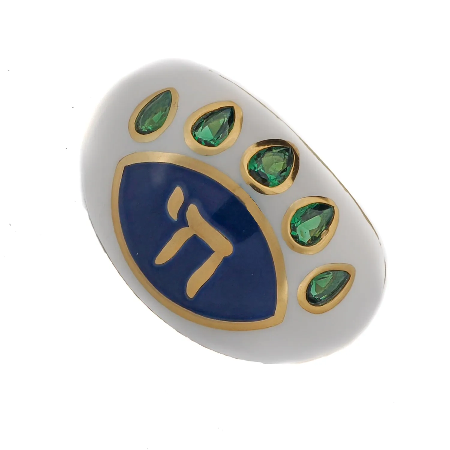 Chai Symbol & Emerald Eye Blue Enamel Adjustable Ring