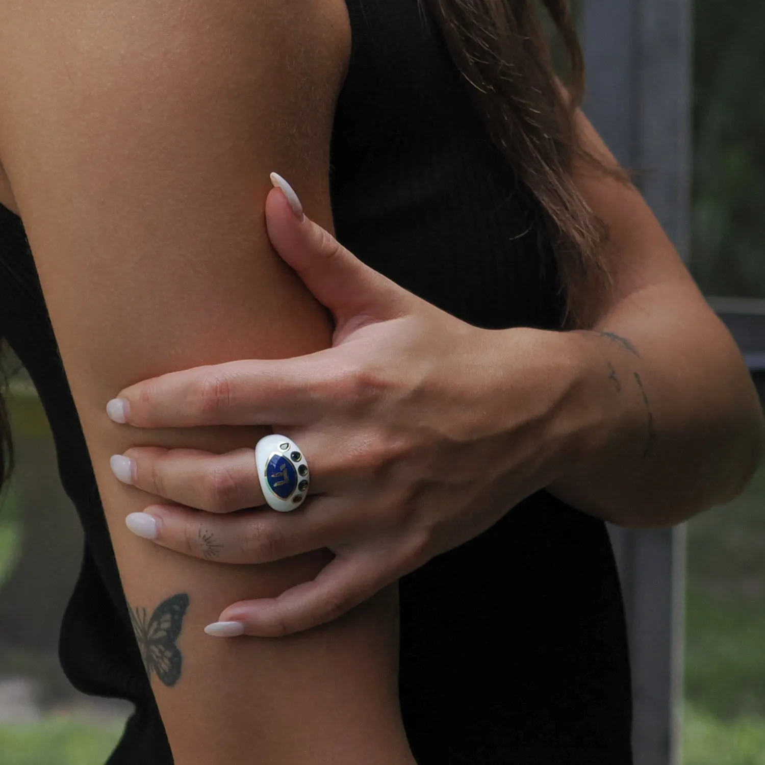 Chai Symbol & Emerald Eye Blue Enamel Adjustable Ring