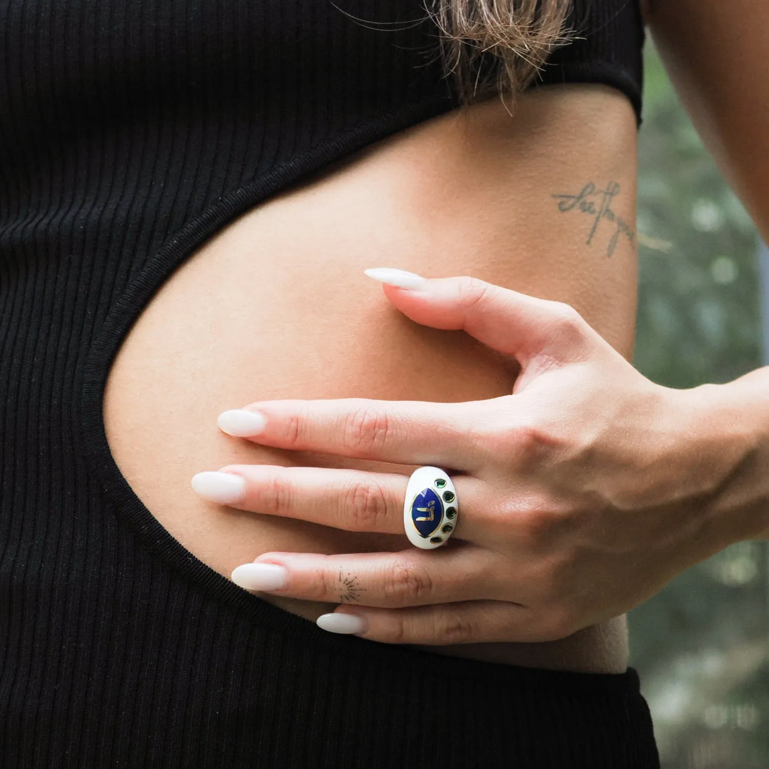 Chai Symbol & Emerald Eye Blue Enamel Adjustable Ring