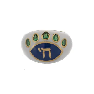 Chai Symbol & Emerald Eye Blue Enamel Adjustable Ring