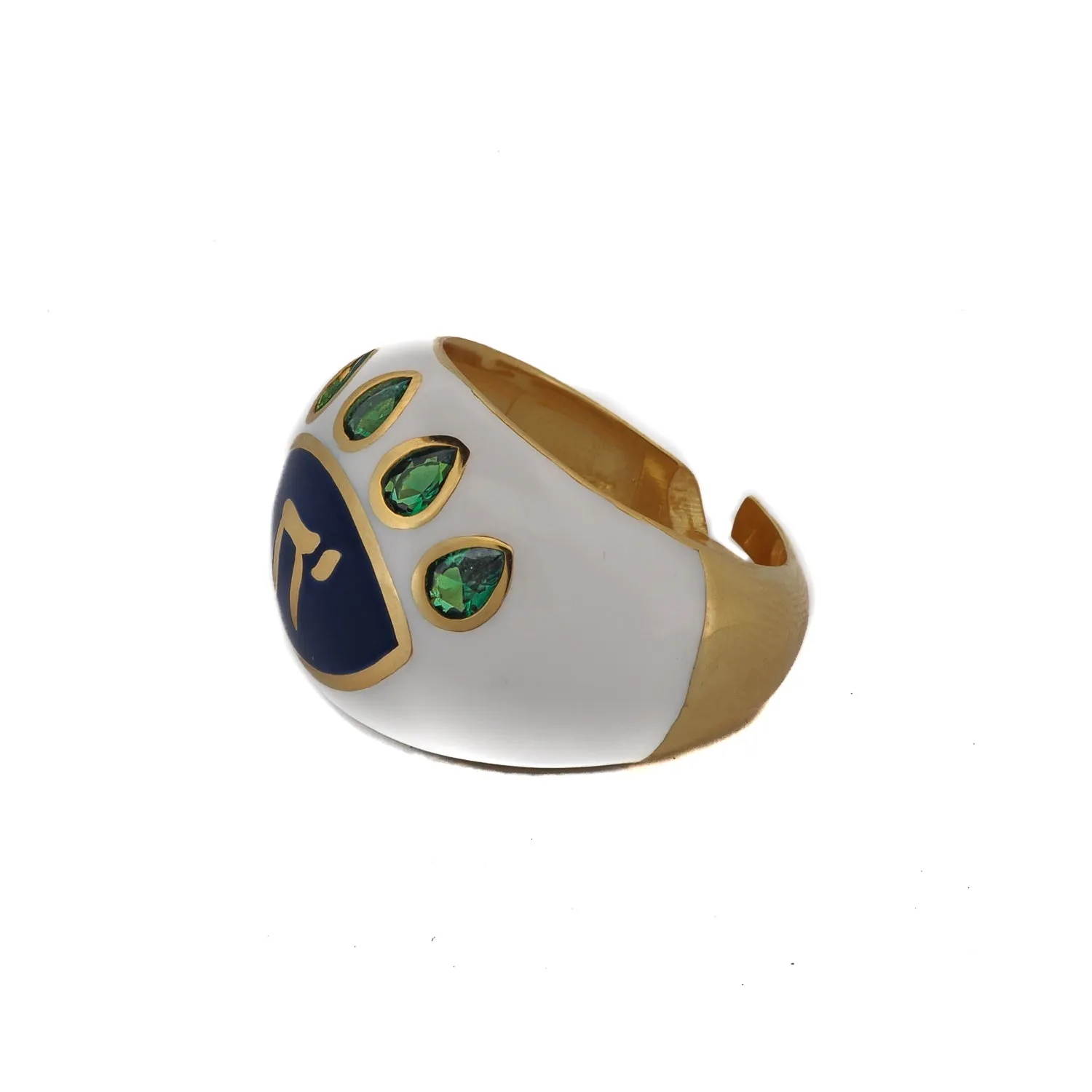Chai Symbol & Emerald Eye Blue Enamel Adjustable Ring