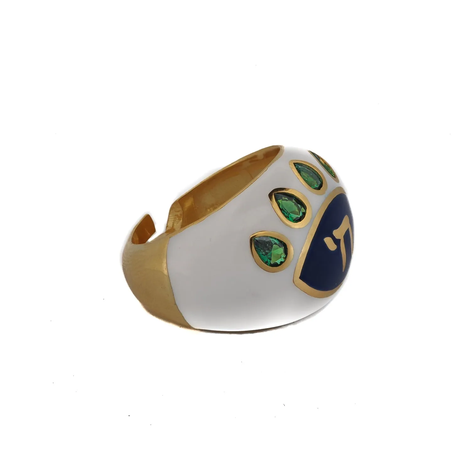 Chai Symbol & Emerald Eye Blue Enamel Adjustable Ring