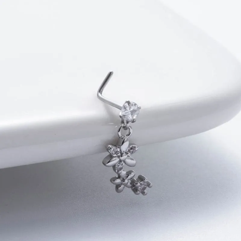 Chic CZ Inlaid Dangling Crown Floral Stainless Steel Nose Piercing Nose Stud