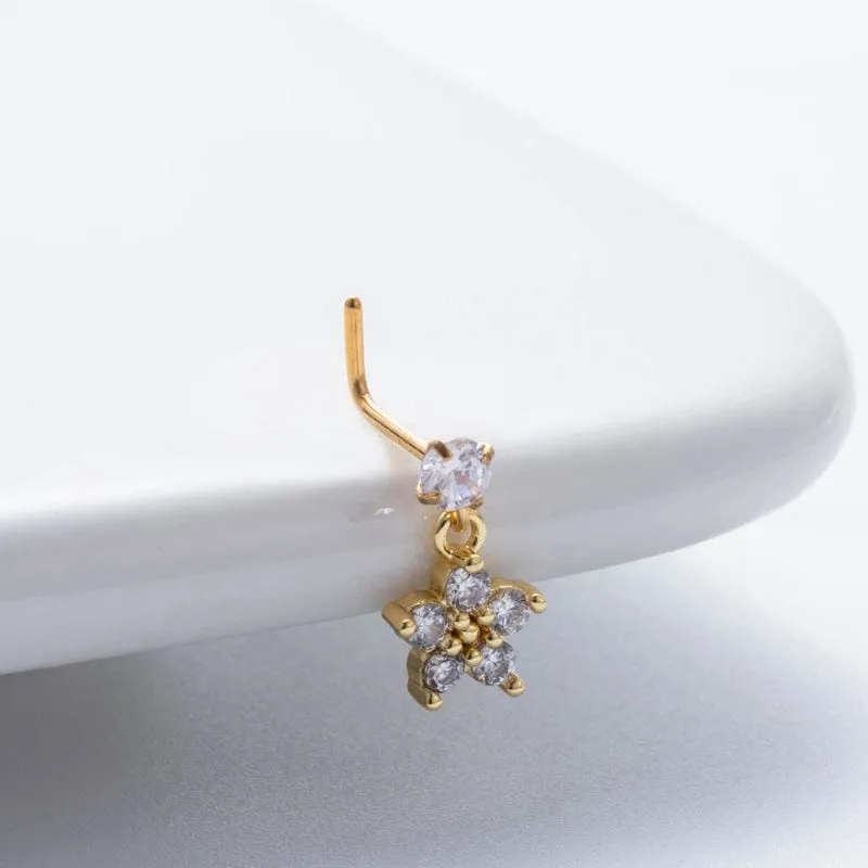 Chic CZ Inlaid Dangling Crown Floral Stainless Steel Nose Piercing Nose Stud