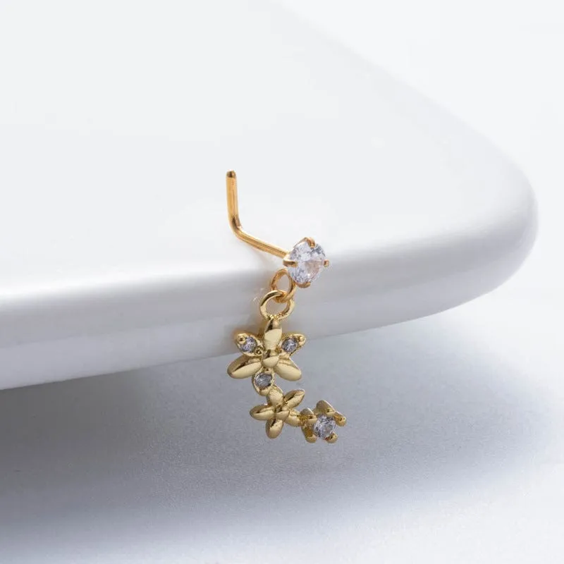 Chic CZ Inlaid Dangling Crown Floral Stainless Steel Nose Piercing Nose Stud