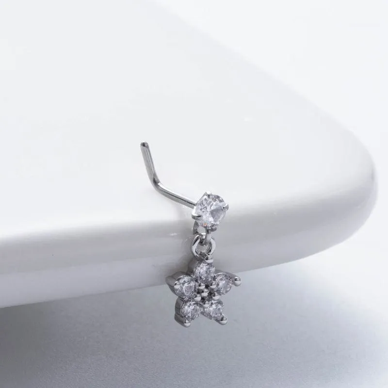 Chic CZ Inlaid Dangling Crown Floral Stainless Steel Nose Piercing Nose Stud