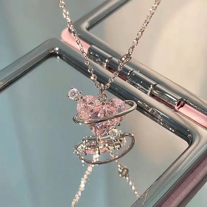 Chic CZ Inlaid Pink Celestial Heart Necklace