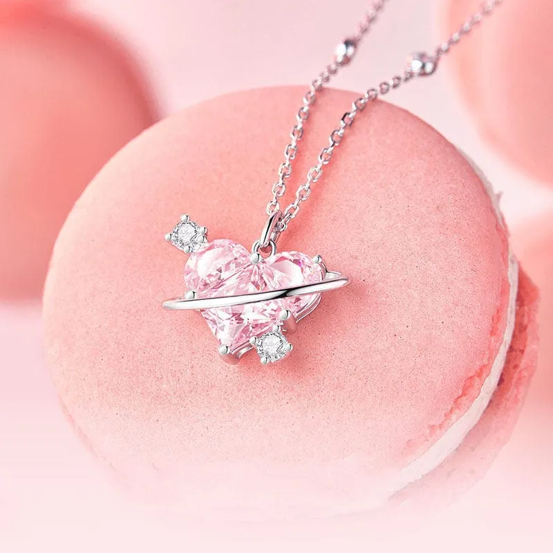 Chic CZ Inlaid Pink Celestial Heart Necklace