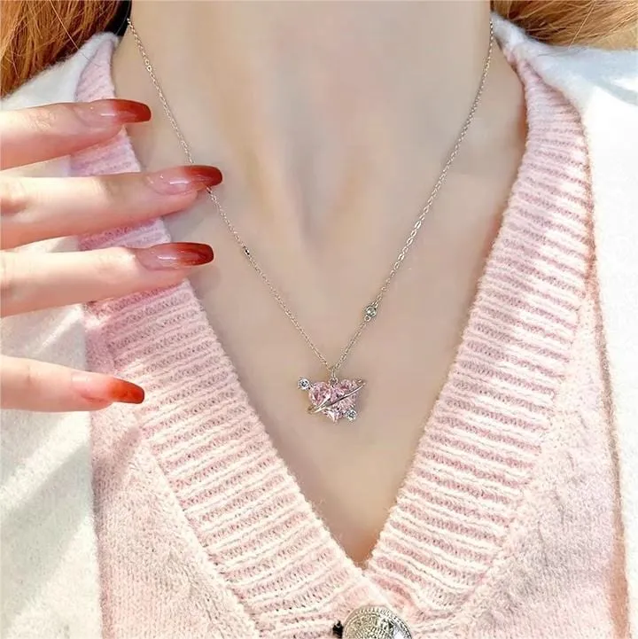 Chic CZ Inlaid Pink Celestial Heart Necklace