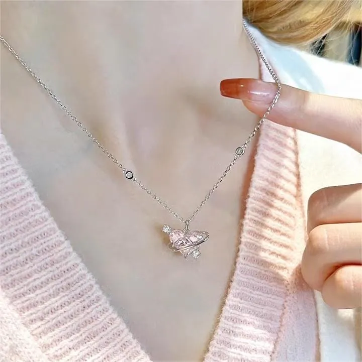 Chic CZ Inlaid Pink Celestial Heart Necklace