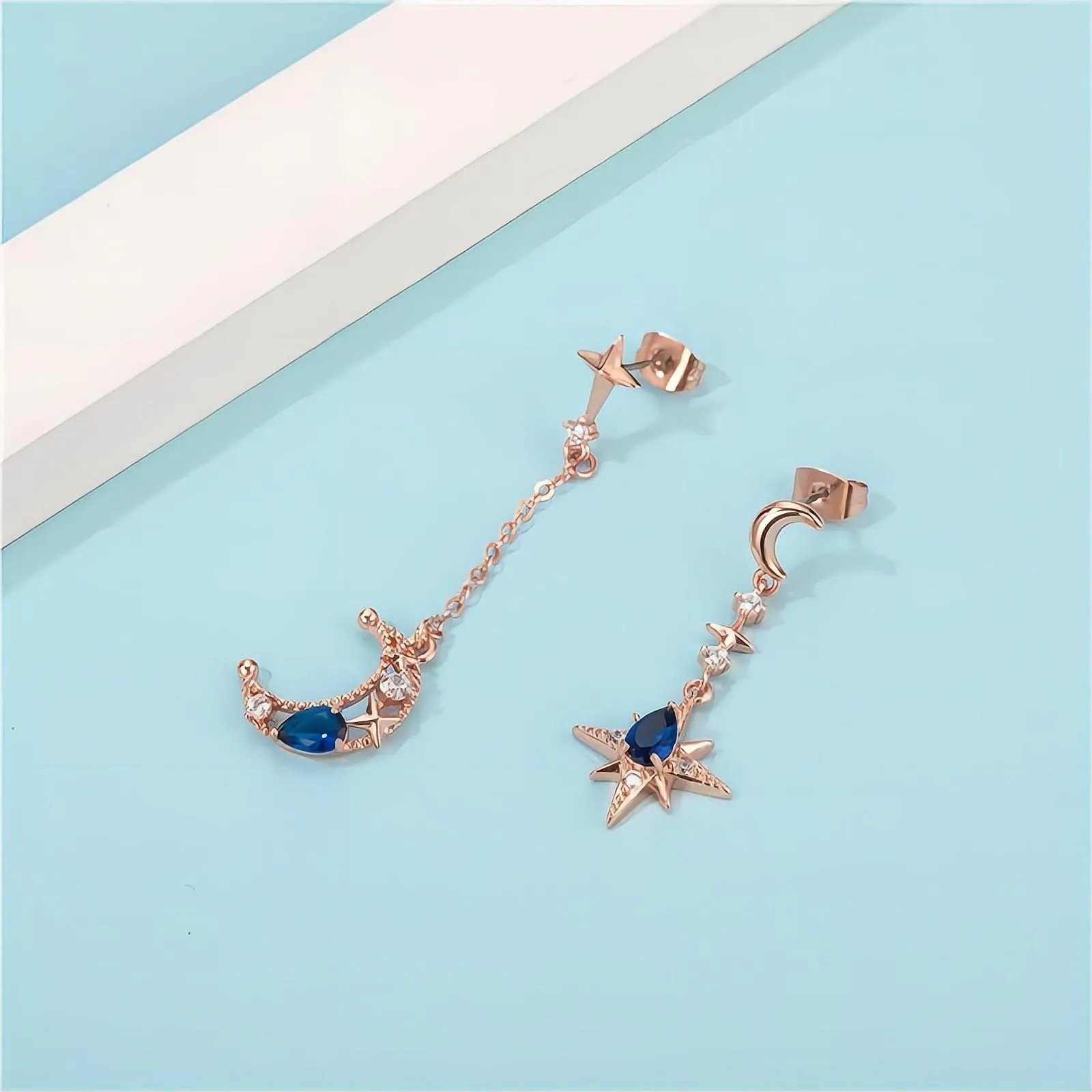 Chic CZ Inlaid Rhinestone Moon Phase Star Dangle Earrings