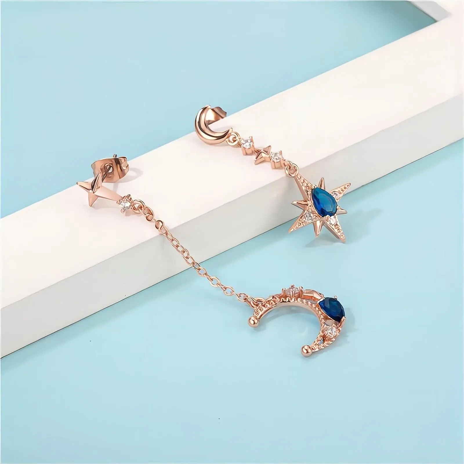 Chic CZ Inlaid Rhinestone Moon Phase Star Dangle Earrings