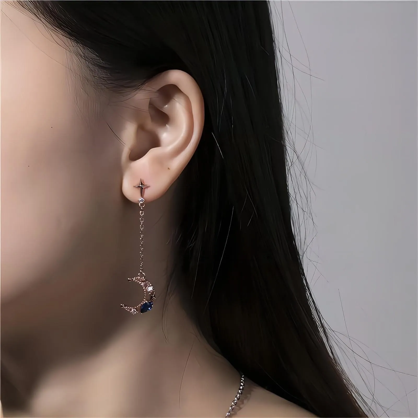 Chic CZ Inlaid Rhinestone Moon Phase Star Dangle Earrings