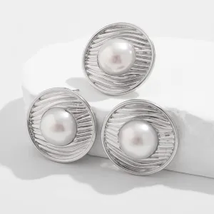 Chic Pearl Inlaid Textured Round Disk Earrings Ring Set
