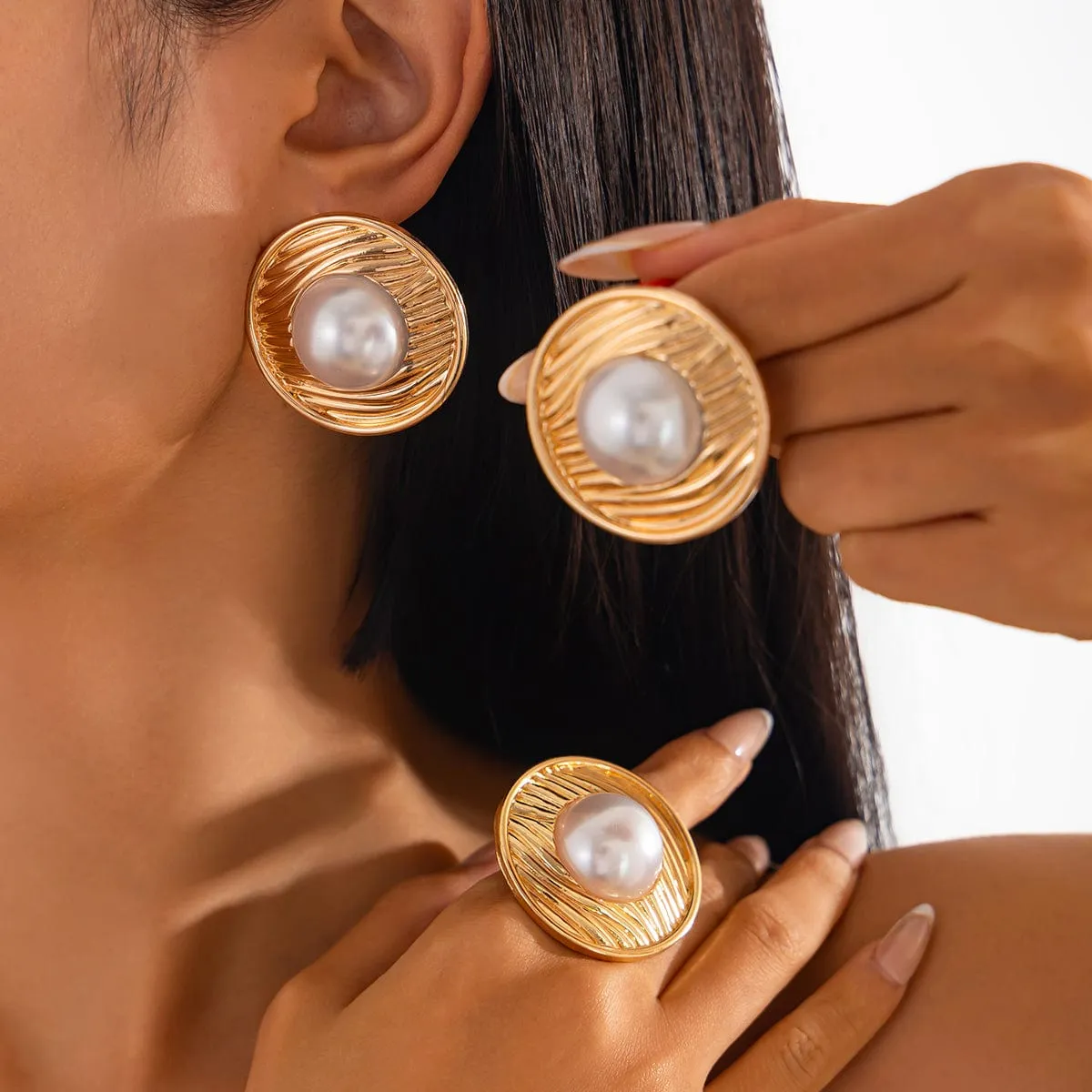 Chic Pearl Inlaid Textured Round Disk Earrings Ring Set