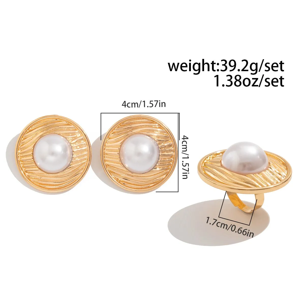 Chic Pearl Inlaid Textured Round Disk Earrings Ring Set