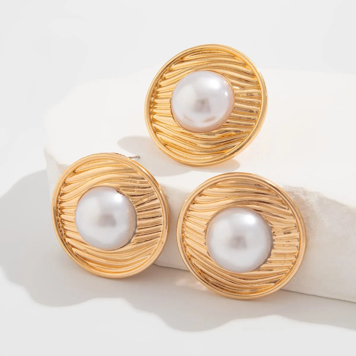 Chic Pearl Inlaid Textured Round Disk Earrings Ring Set